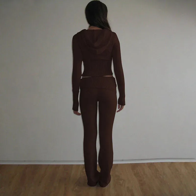 Knitted Hooded Crop Top and Flare Pants 2-Piece Tracksuit