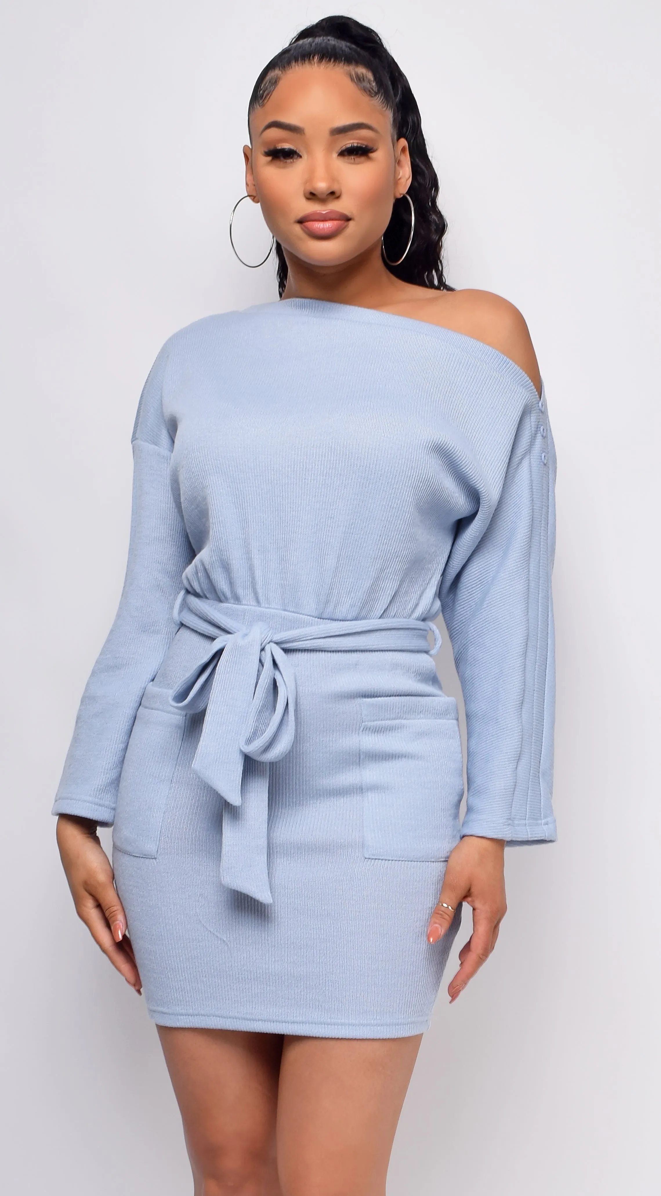 Koreen Blue Off Shoulder Long Sleeve Dress