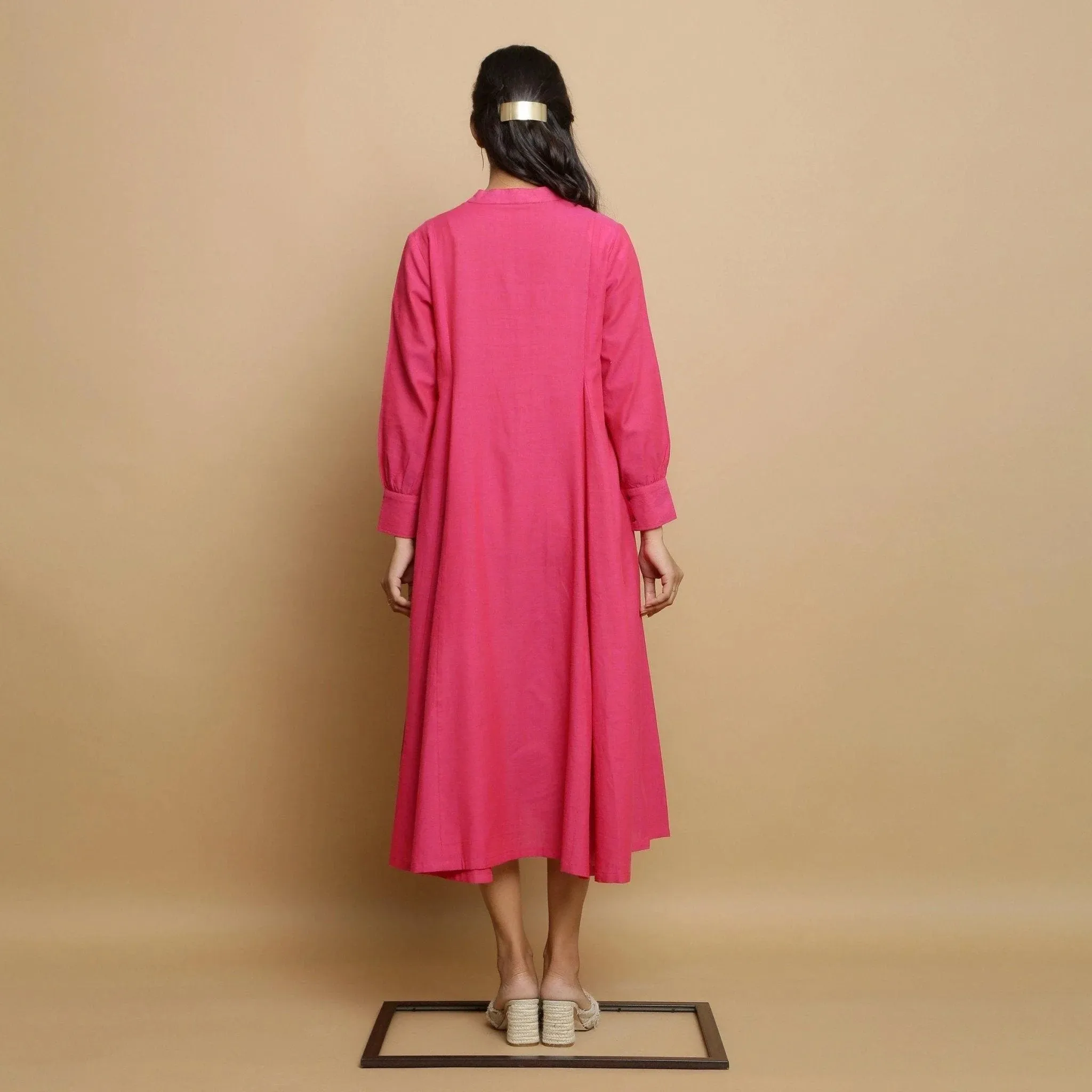 Magenta Hand-Embroidered Cotton Paneled Midi Dress