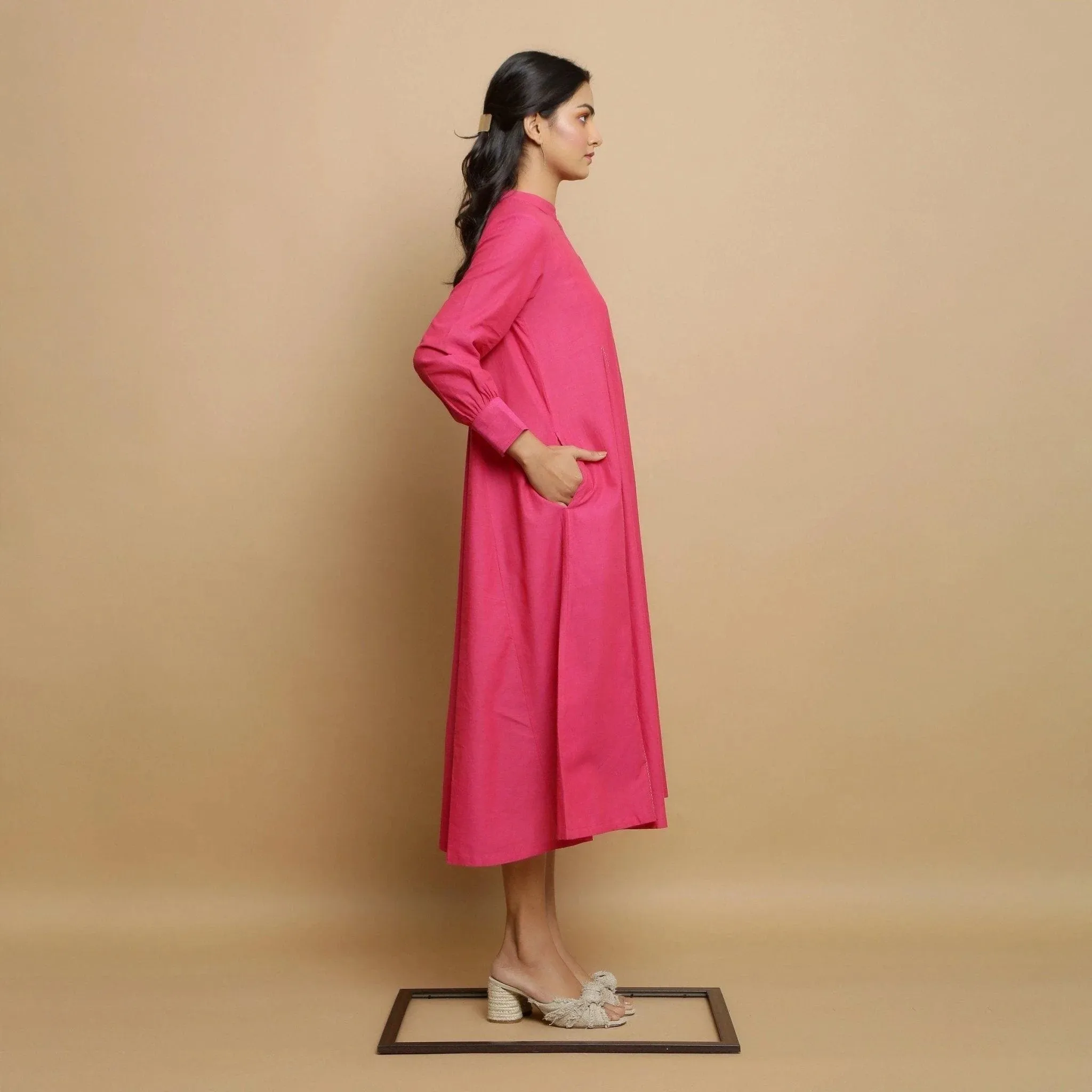 Magenta Hand-Embroidered Cotton Paneled Midi Dress
