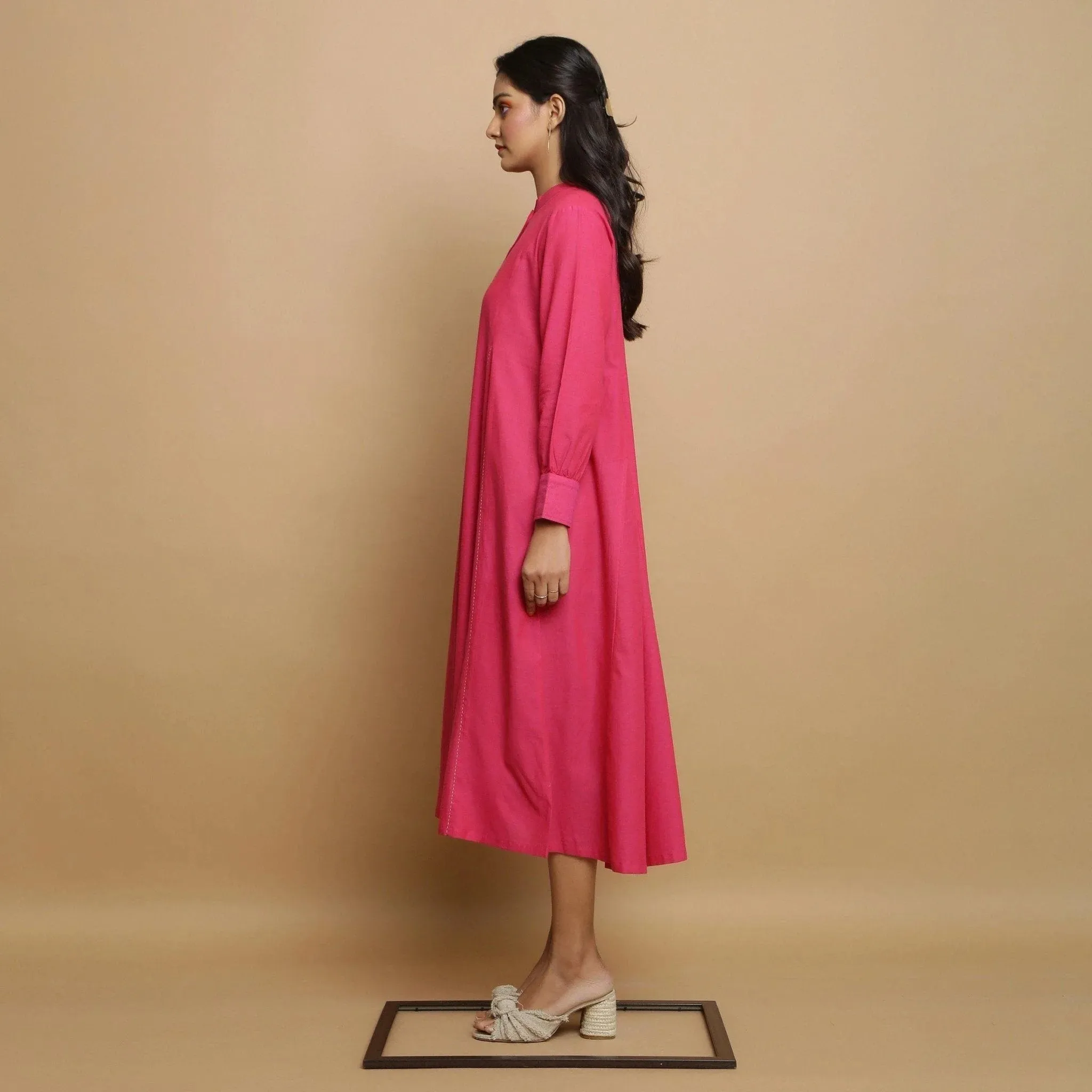 Magenta Hand-Embroidered Cotton Paneled Midi Dress