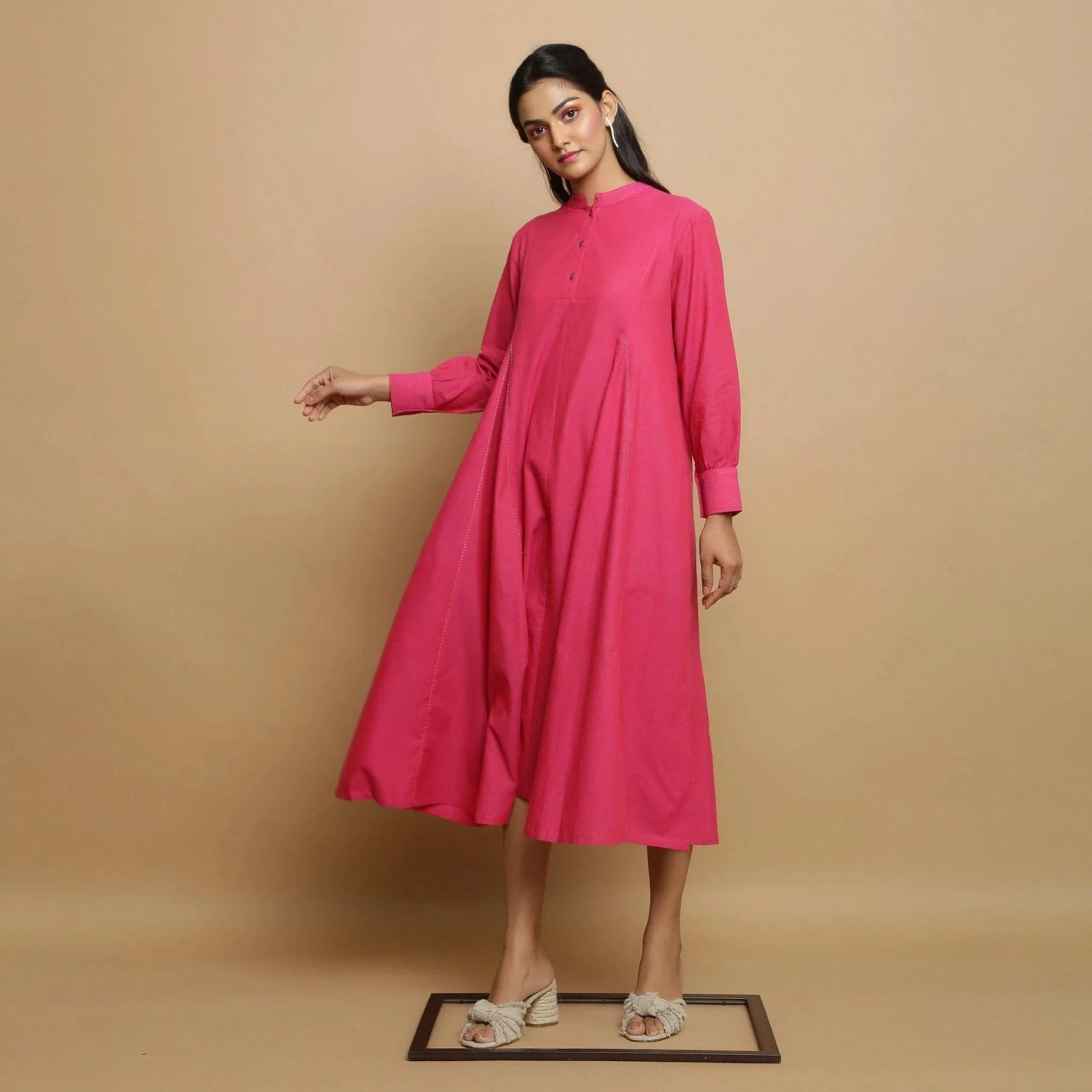 Magenta Hand-Embroidered Cotton Paneled Midi Dress