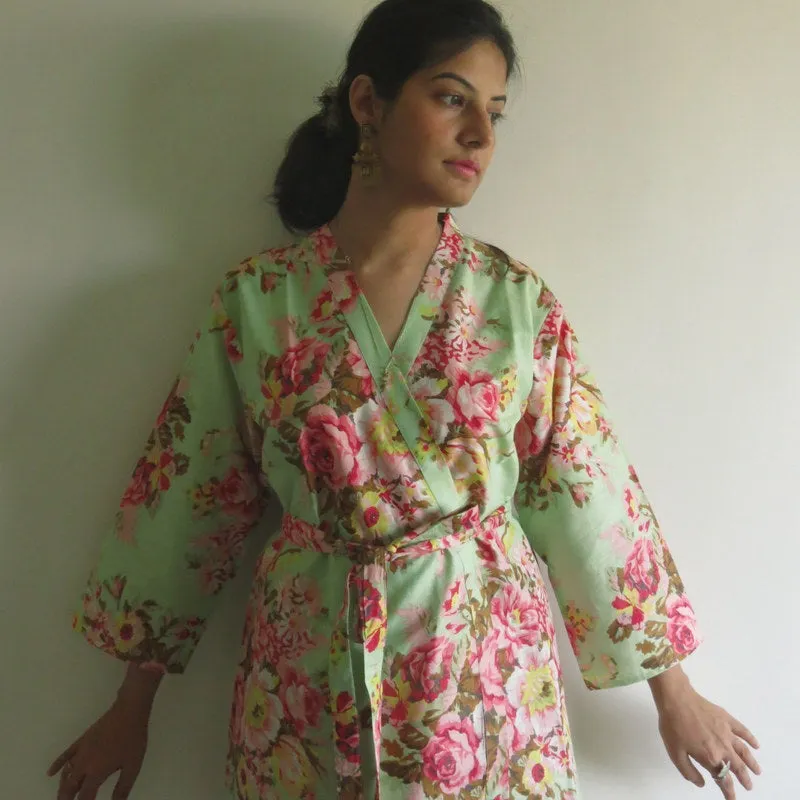 Mint Floral Knee Length, Kimono Crossover Belted Robe