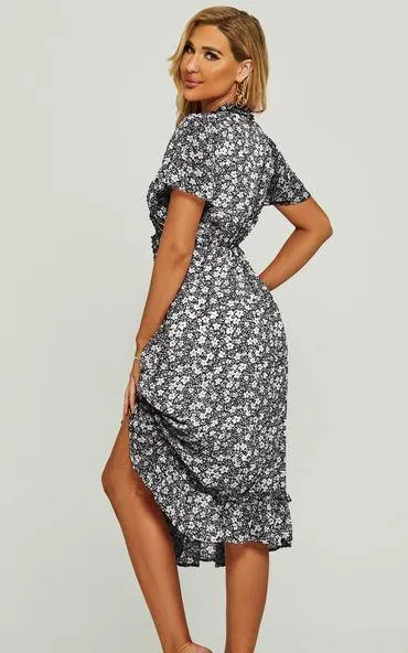 Relaxed Angel Sleeve V Neck Midi Dress In Black Flora Print