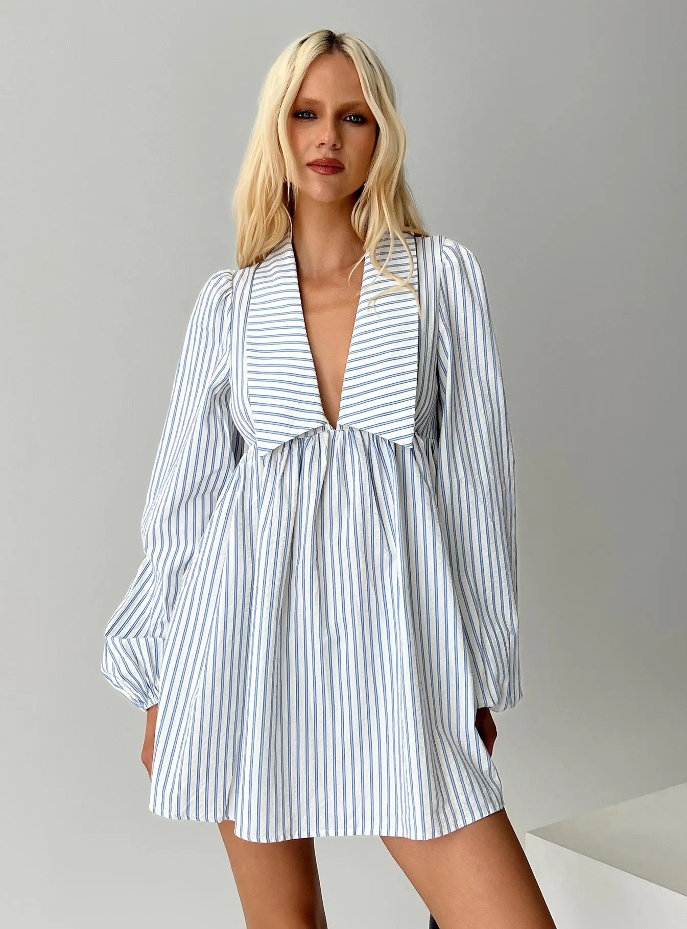 Ronelle Collared Long Sleeve Mini Dress Blue Stripe