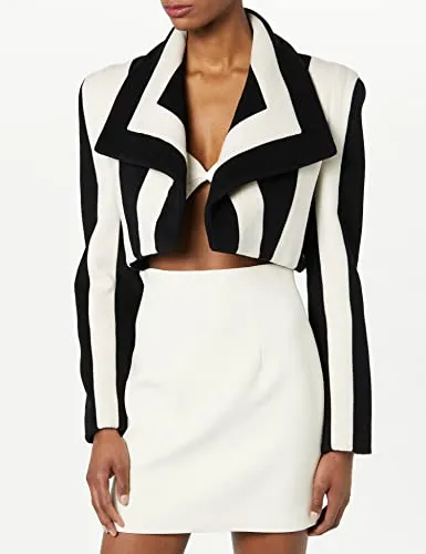 Sergio Hudson, Multi Seamed Striped Shawl Collar Bolero Coat, S, Onyx & Vanilla