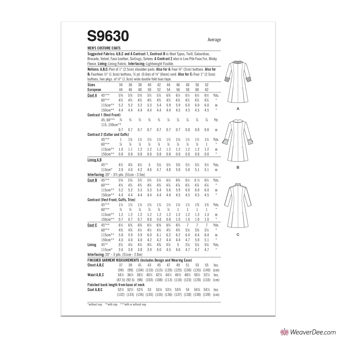 Simplicity Pattern S9630 Men's Costume Coats