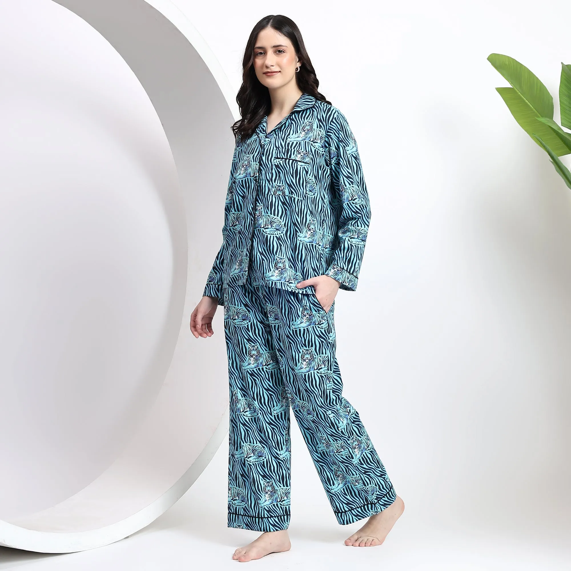 Sky Blue Cotton Pajama Set for Women Comfortable PJs