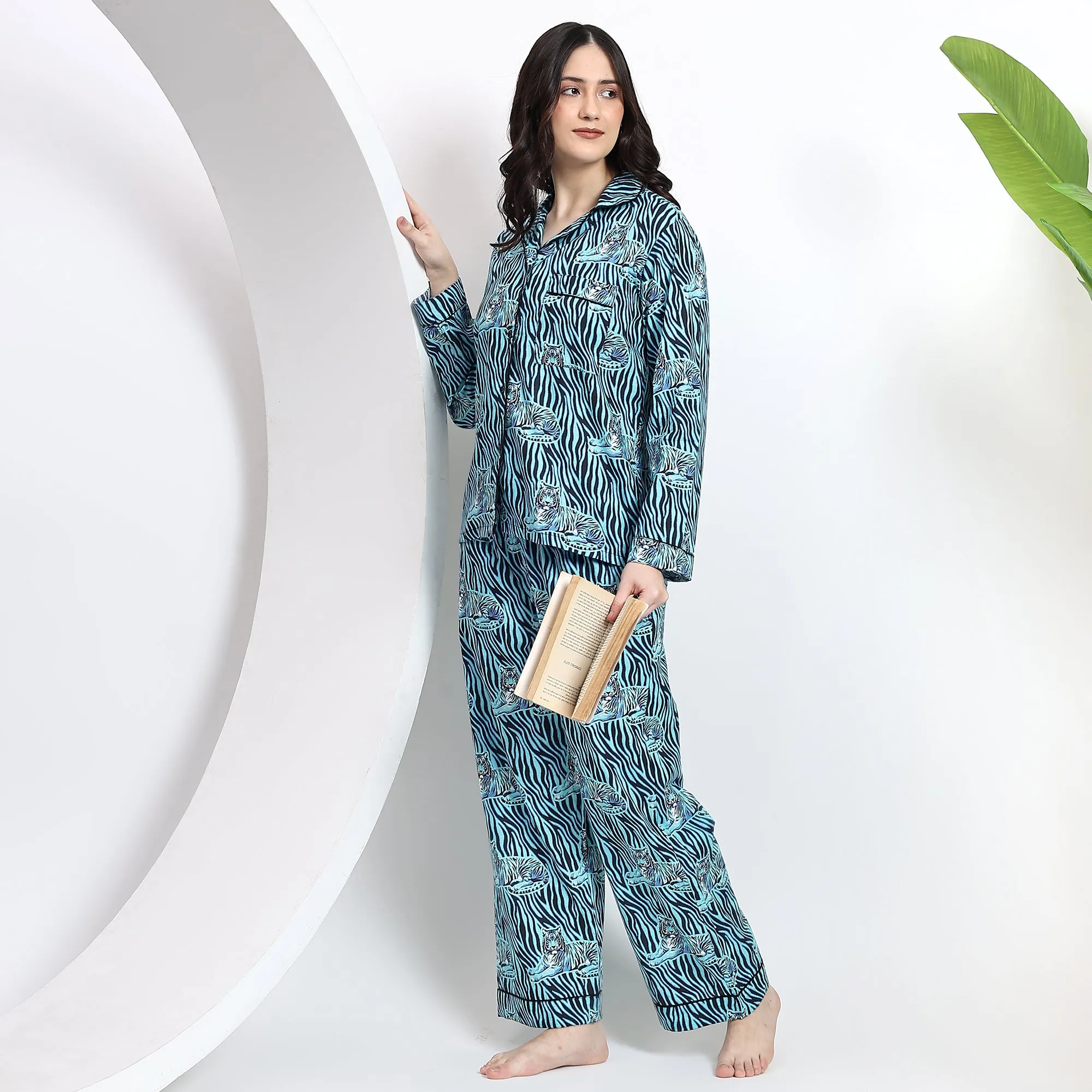 Sky Blue Cotton Pajama Set for Women Comfortable PJs