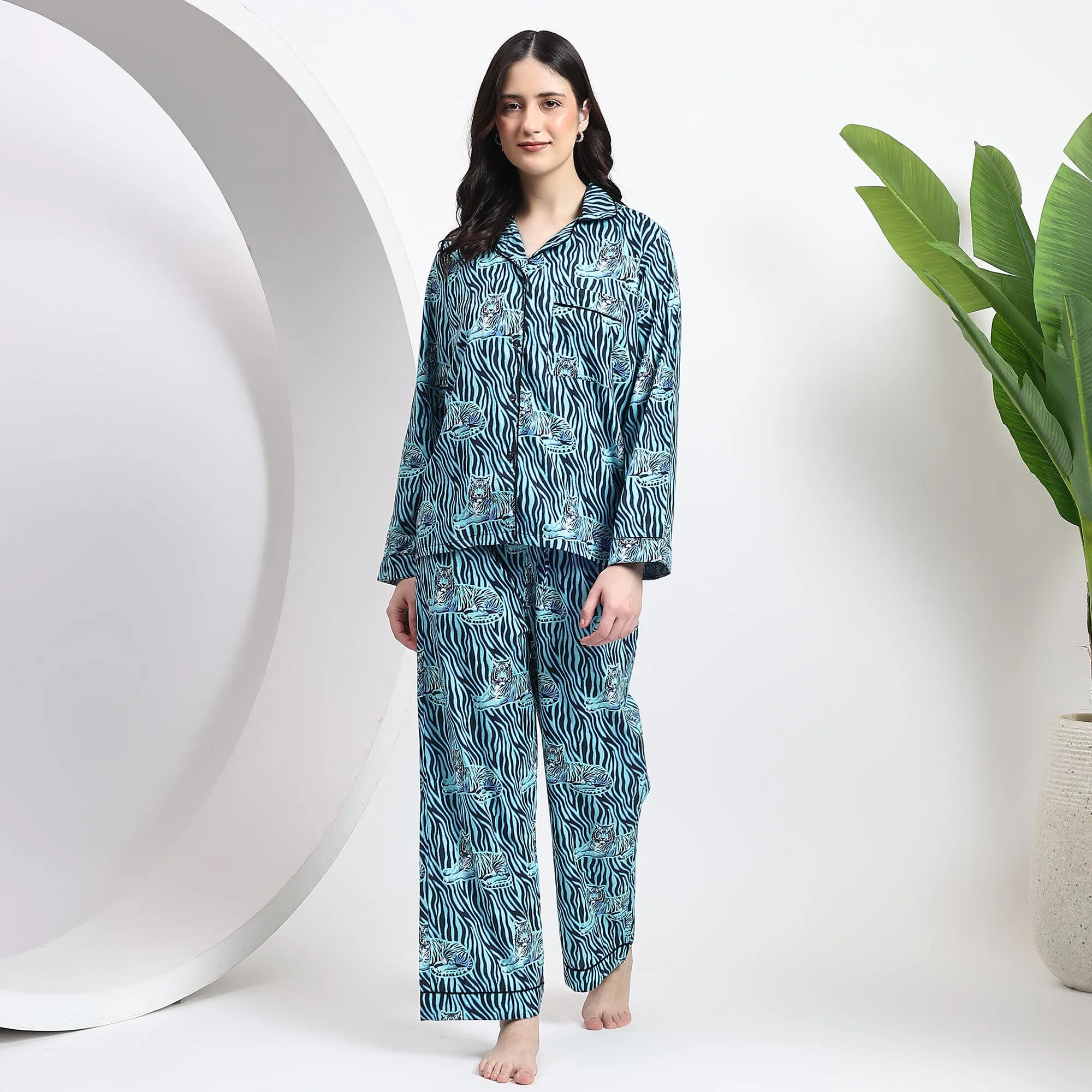 Sky Blue Cotton Pajama Set for Women Comfortable PJs