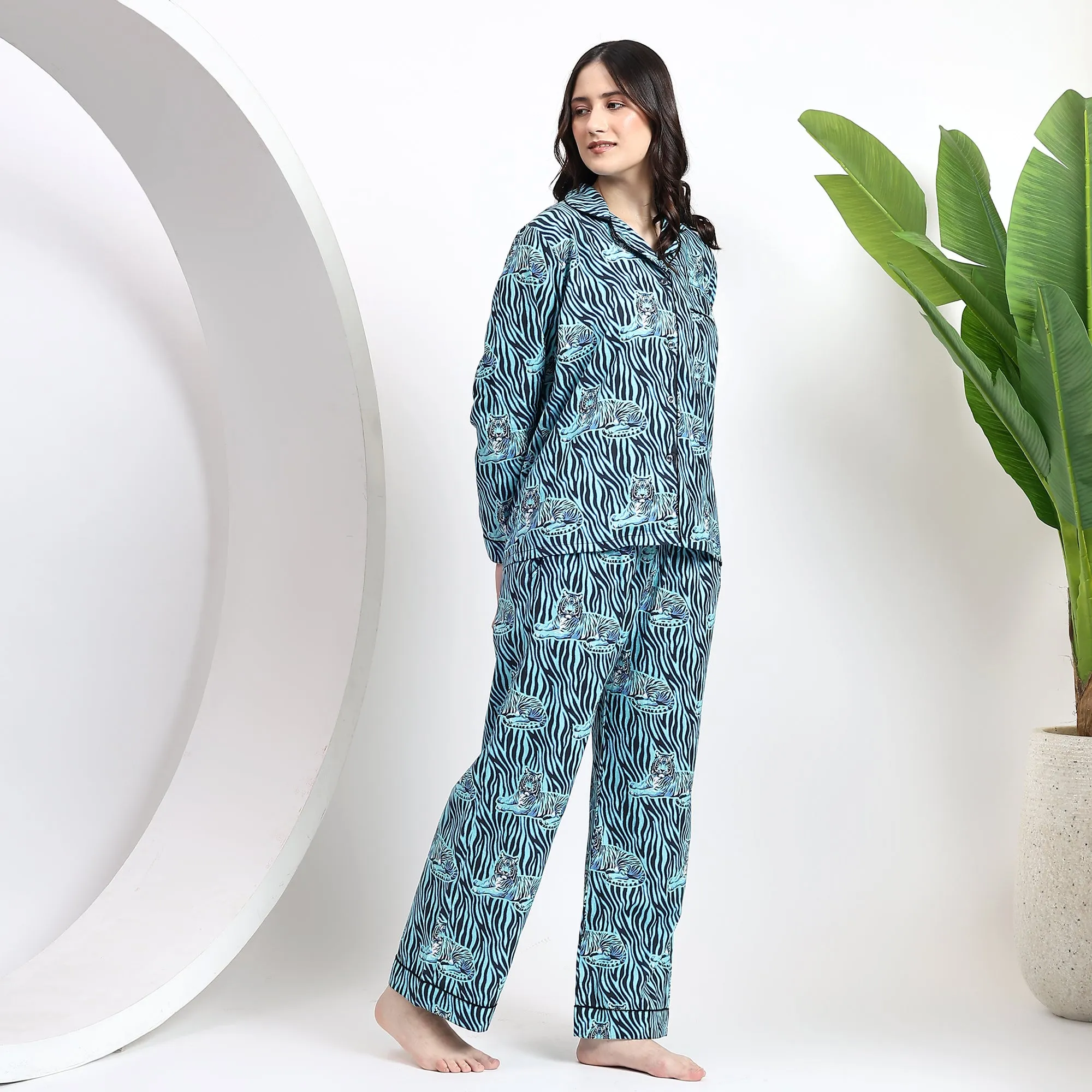 Sky Blue Cotton Pajama Set for Women Comfortable PJs