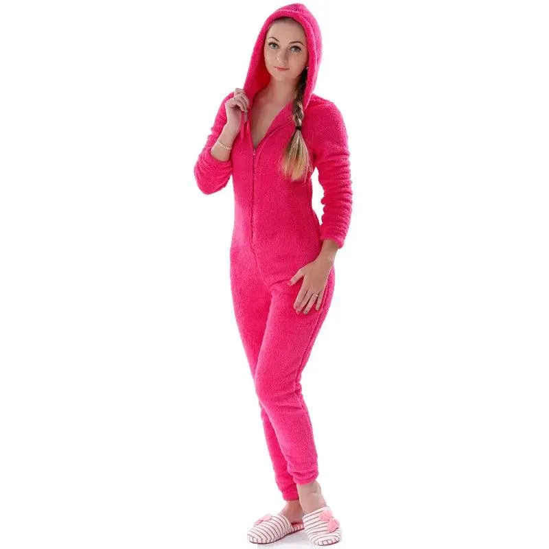 Winter Warm Pajamas Women Onesies Fluffy Fleece Jumpsuits Sleepwear Plus Size Hooded Stitch Pajamas Onesie For Women Adult