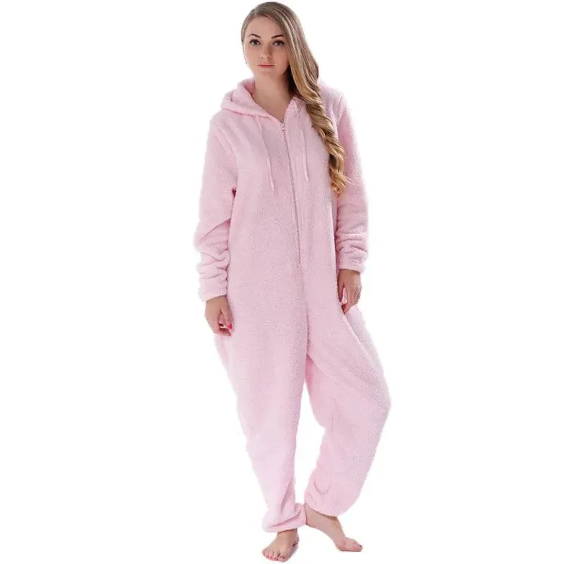 Winter Warm Pajamas Women Onesies Fluffy Fleece Jumpsuits Sleepwear Plus Size Hooded Stitch Pajamas Onesie For Women Adult