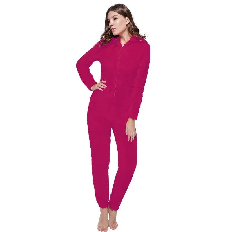 Winter Warm Pajamas Women Onesies Fluffy Fleece Jumpsuits Sleepwear Plus Size Hooded Stitch Pajamas Onesie For Women Adult
