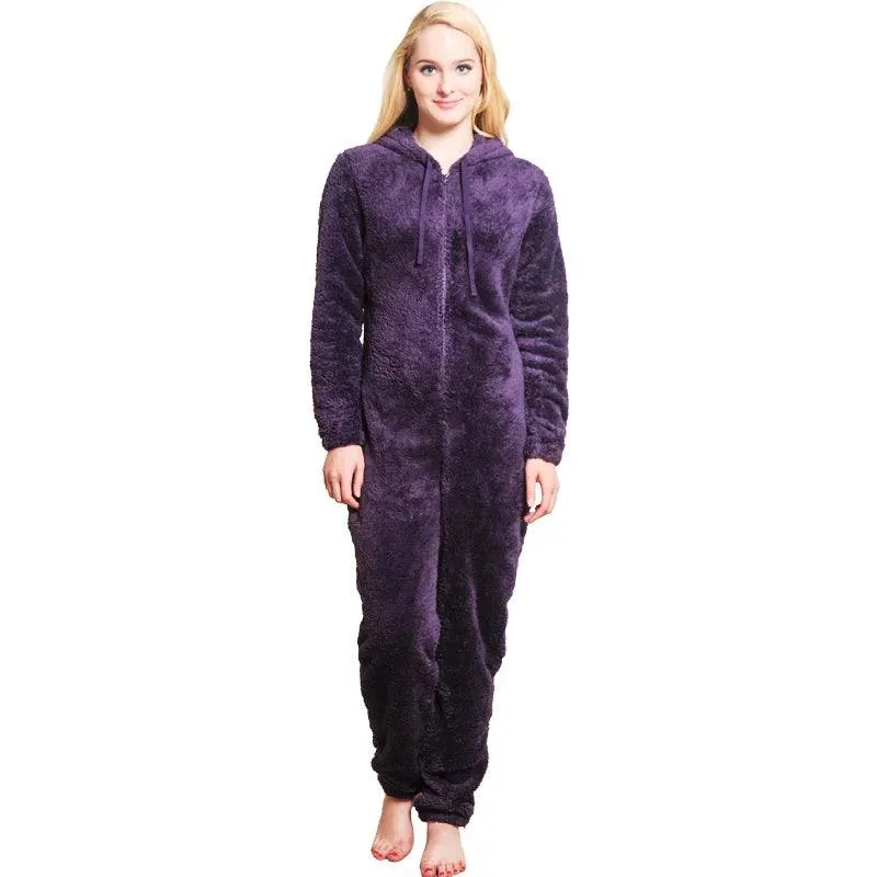 Winter Warm Pajamas Women Onesies Fluffy Fleece Jumpsuits Sleepwear Plus Size Hooded Stitch Pajamas Onesie For Women Adult