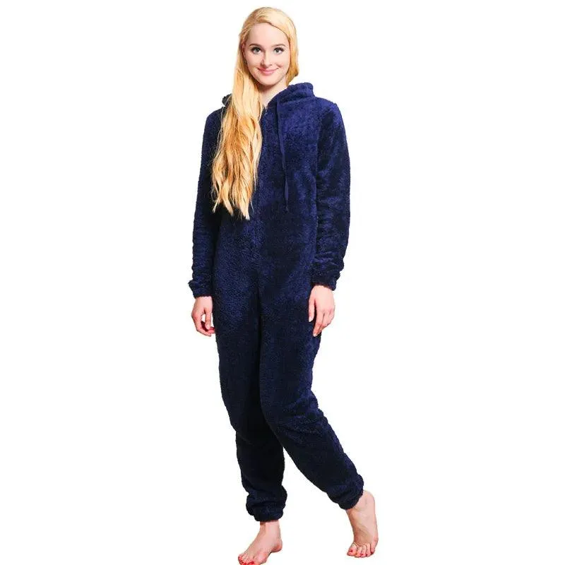 Winter Warm Pajamas Women Onesies Fluffy Fleece Jumpsuits Sleepwear Plus Size Hooded Stitch Pajamas Onesie For Women Adult