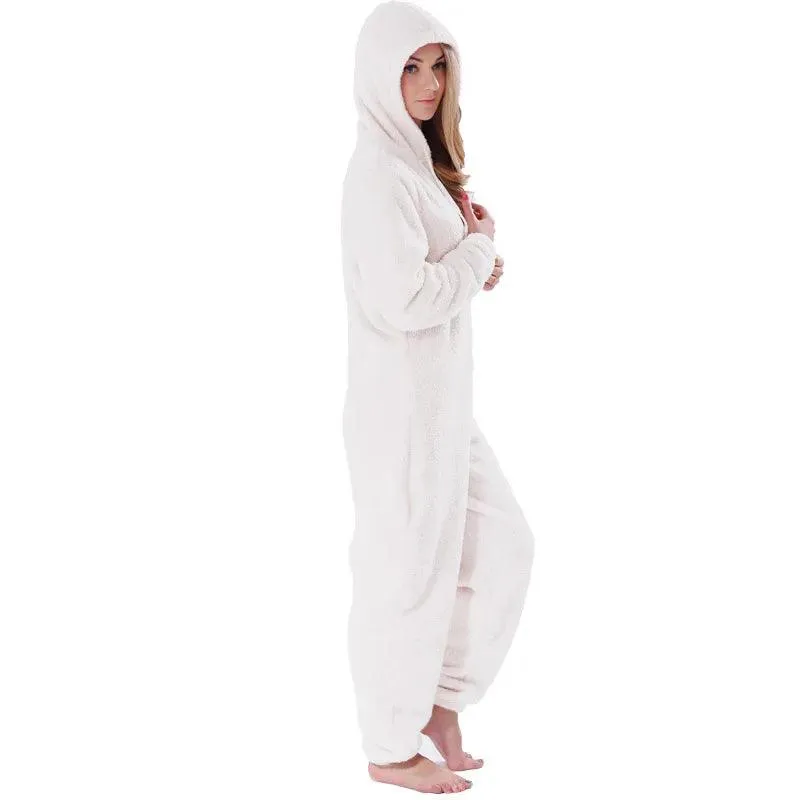 Winter Warm Pajamas Women Onesies Fluffy Fleece Jumpsuits Sleepwear Plus Size Hooded Stitch Pajamas Onesie For Women Adult