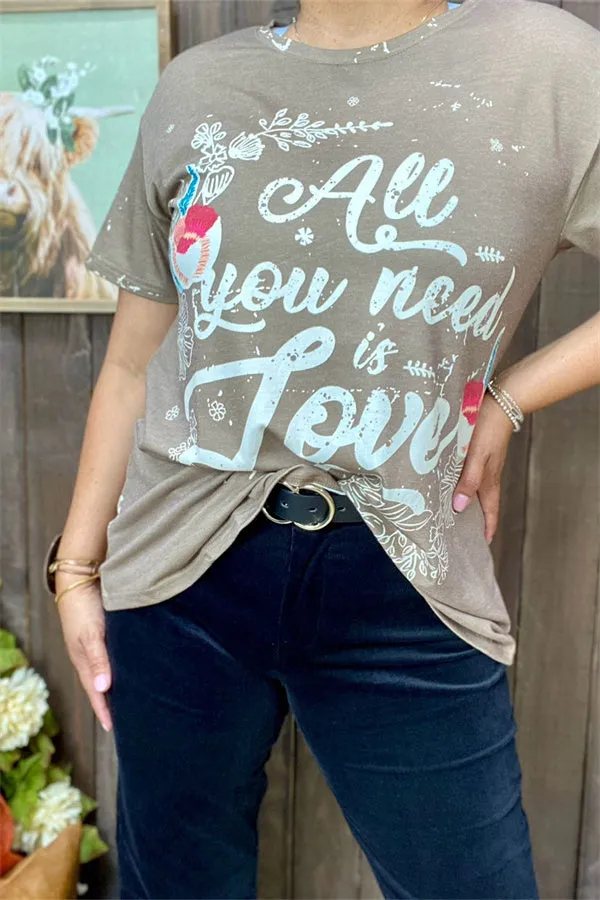 XCH14830 "ALL YOU NEED IS LOVE"words graphic printed tan fabric short sleeve women tops